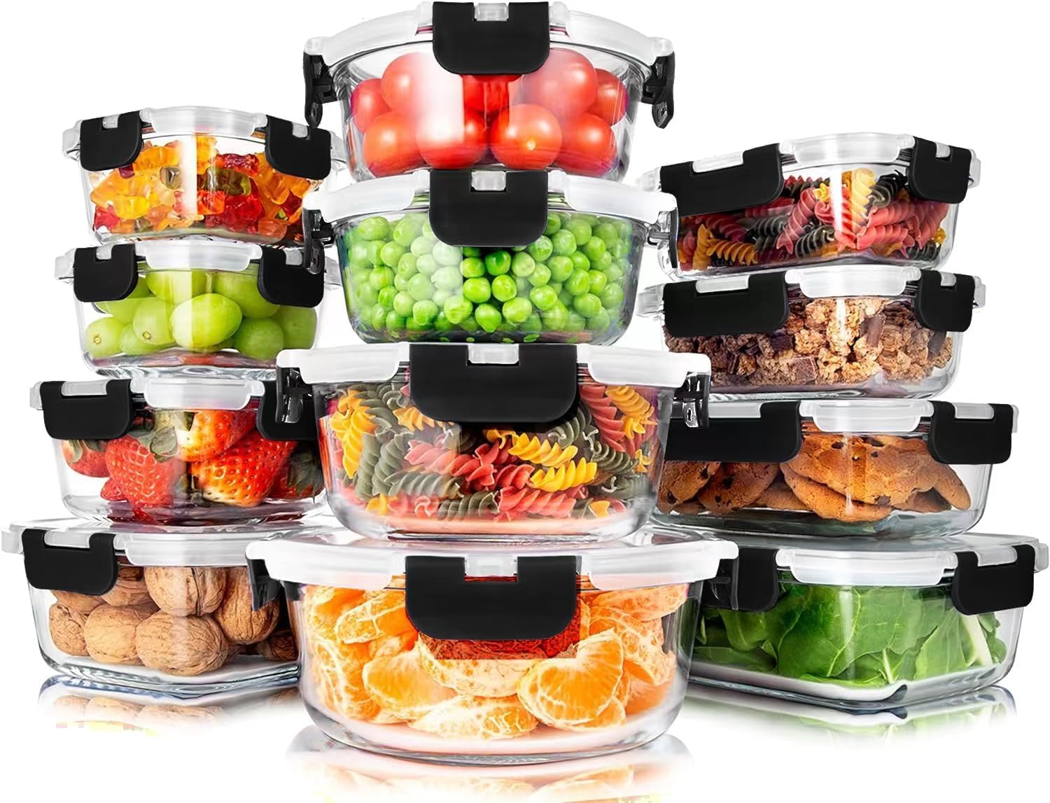MEETOZ 12 Pack Glass Food Storage Containers with Lids, Stackable Design with Ne...