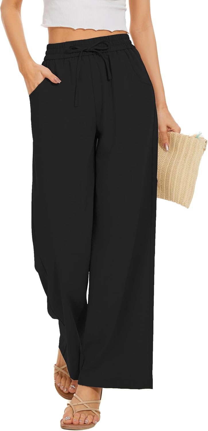 Women Summer Pants Flowy Pants Drawstring Waist Wide Leg Palazzo Beach Pants Loo...