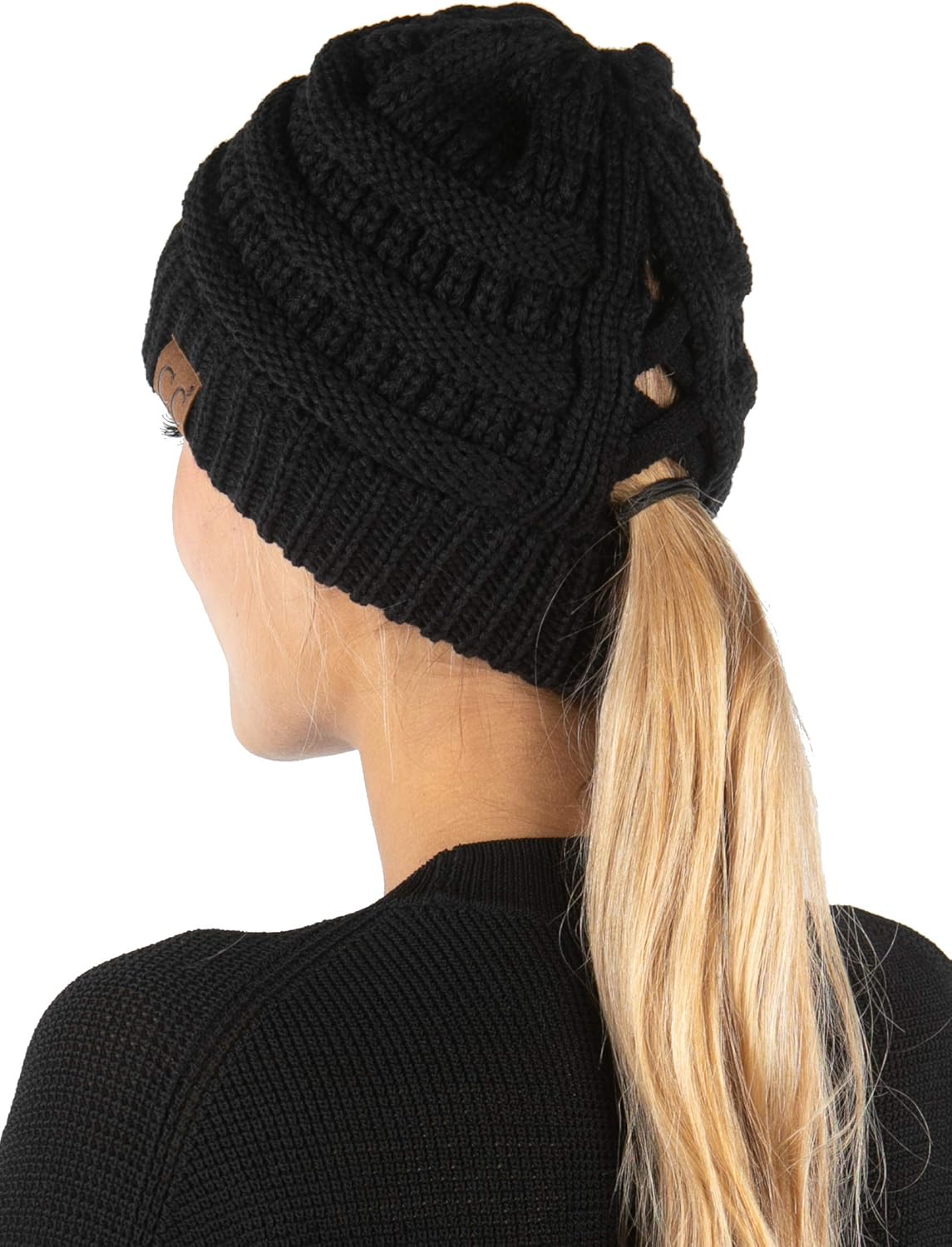 Funky Junque Beanie for Women Winter Hats Ponytail Hole Criss Cross Hat Messy Bu...