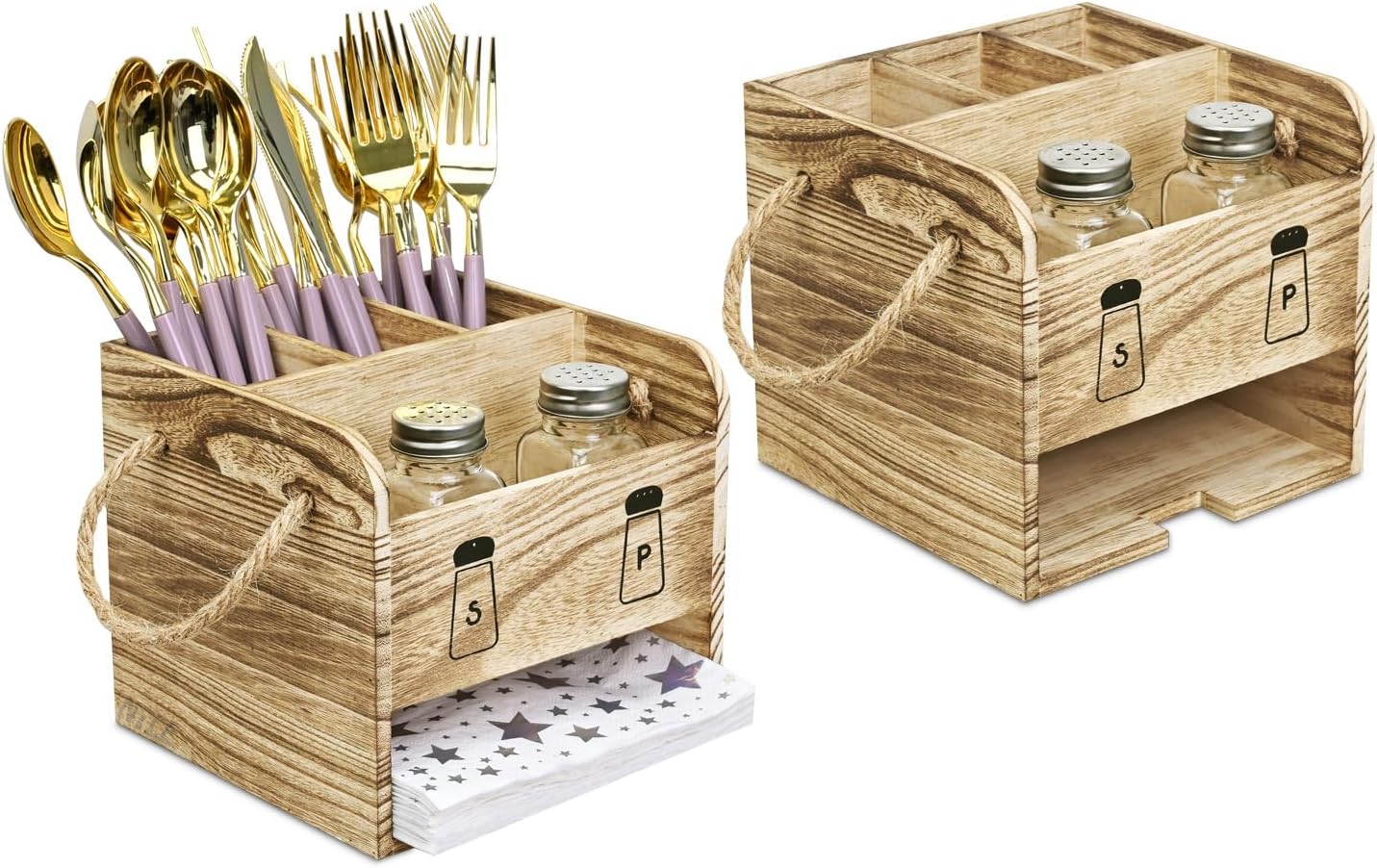 Ikee Design 2 Piece Set Wooden Utensil Caddy with Handles,Includes Free Salt Pep...