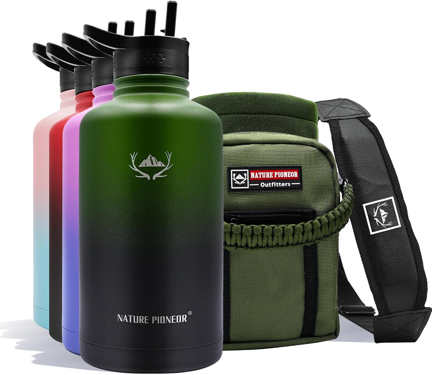 NATURE PIONEOR Insulated Water Bottles with Straw - 64oz Stainless Steel Vacuum...
