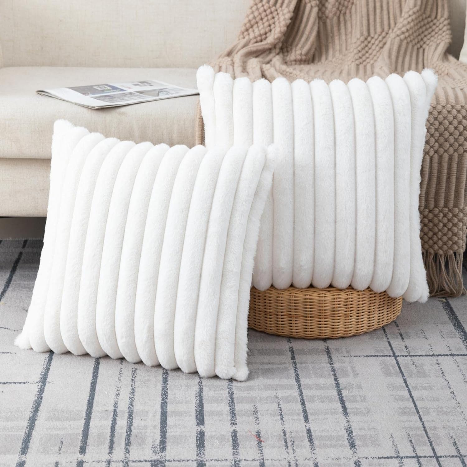 ZLINA Set of 2 Cream White Faux Fur Decorative Throw Pillow Covers Fluffy Stripe...