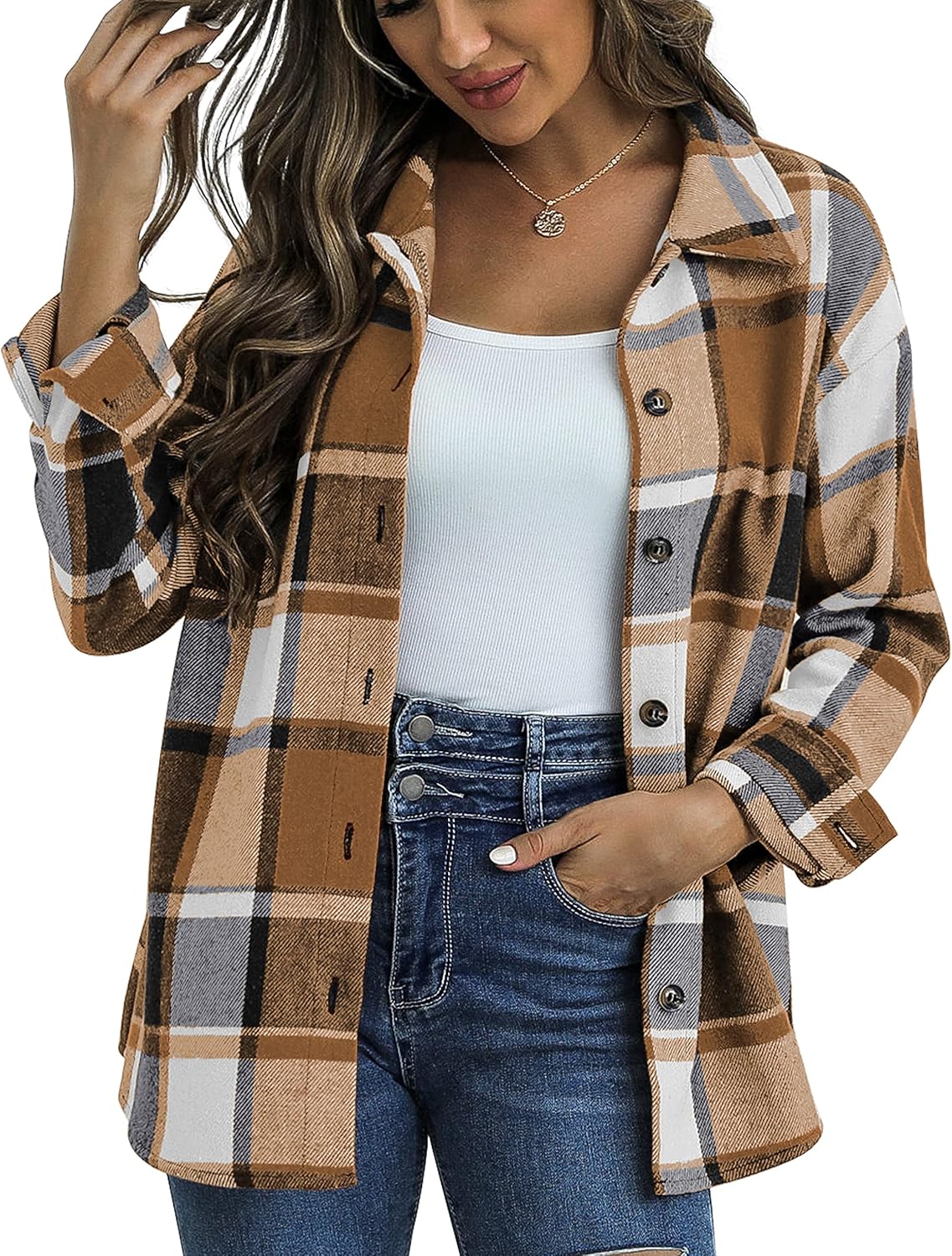 Traleubie Women's Flannel Jacket Plaid Shacket Lapel Button Down Long Sleeve Shi...