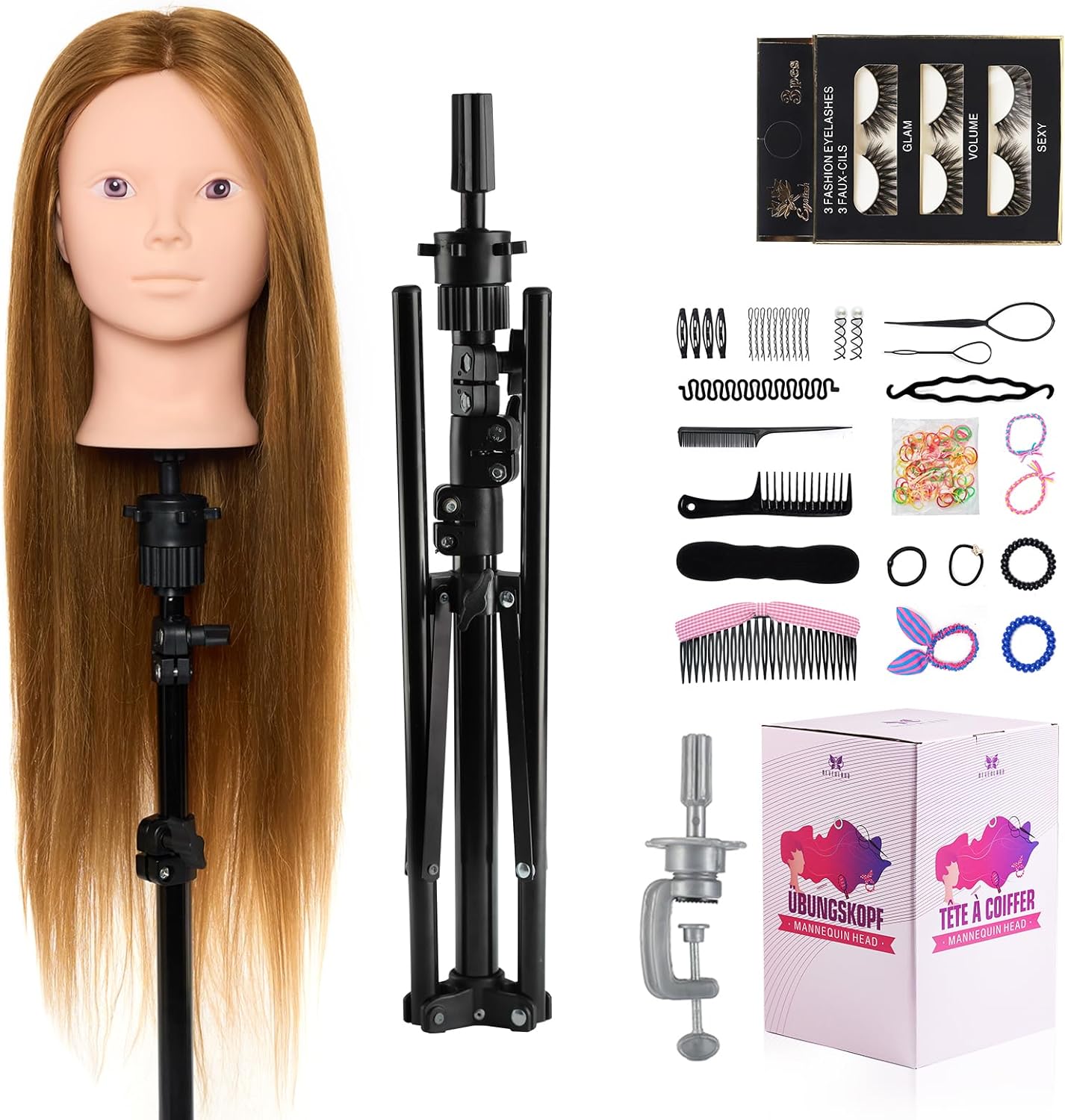 Hairdressing Head with Tripod,50% Real Human Hair 28 Inch Make up Cosmetology Ma...