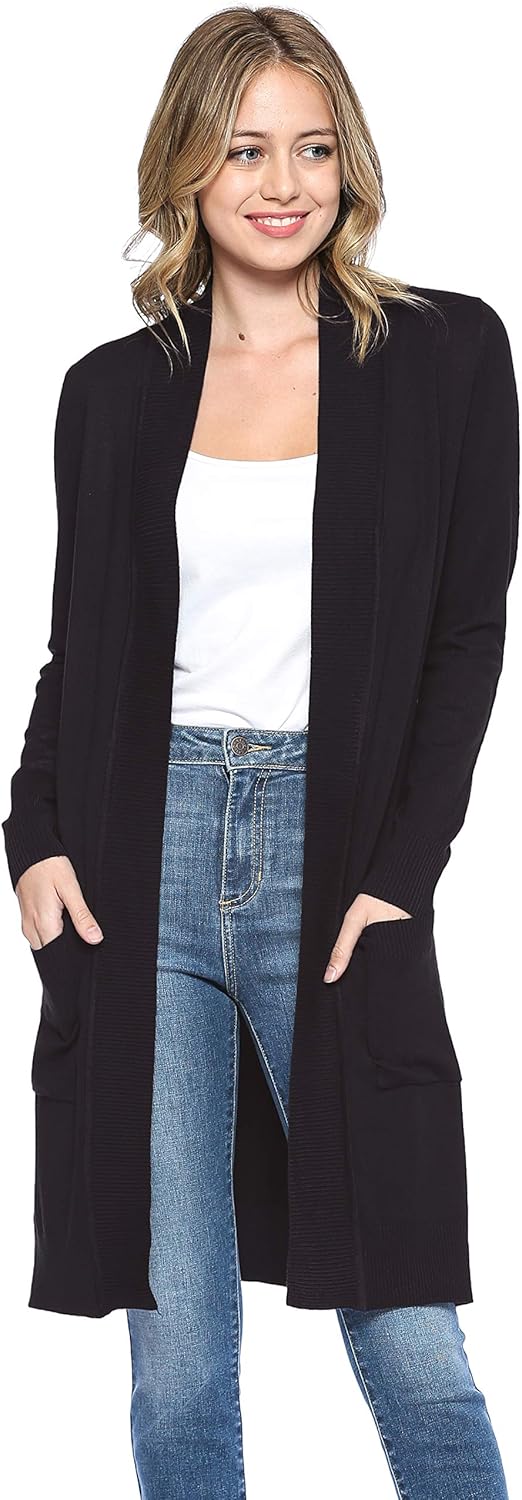 Urban Look Women's Long Sleeve Classic Open Front Knit Long Cardigan X-Large Bla...