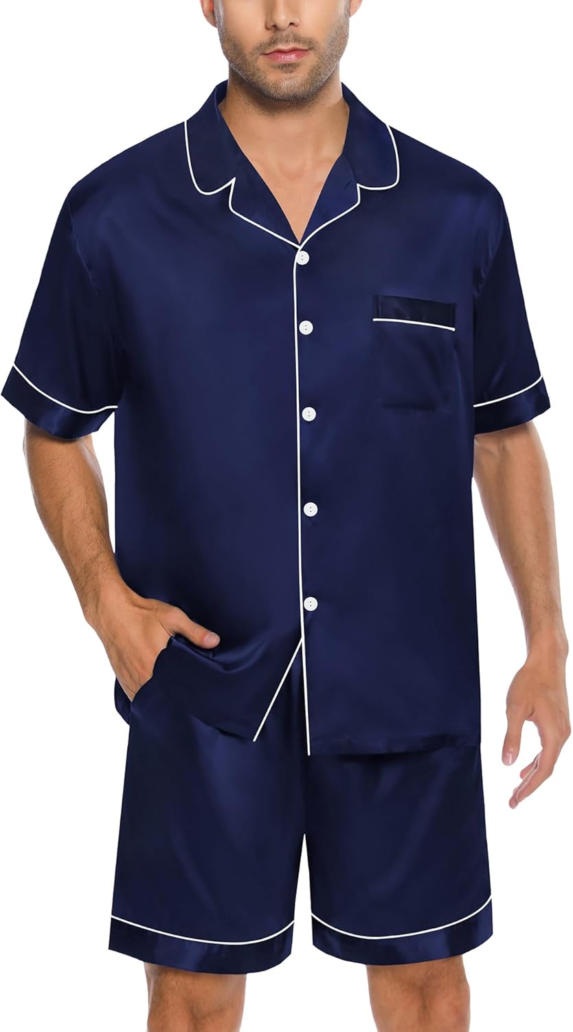LecGee Mens Silk Satin Pajama Set Button Down Sleepwear Short Sleeve Pjs Set Sof...