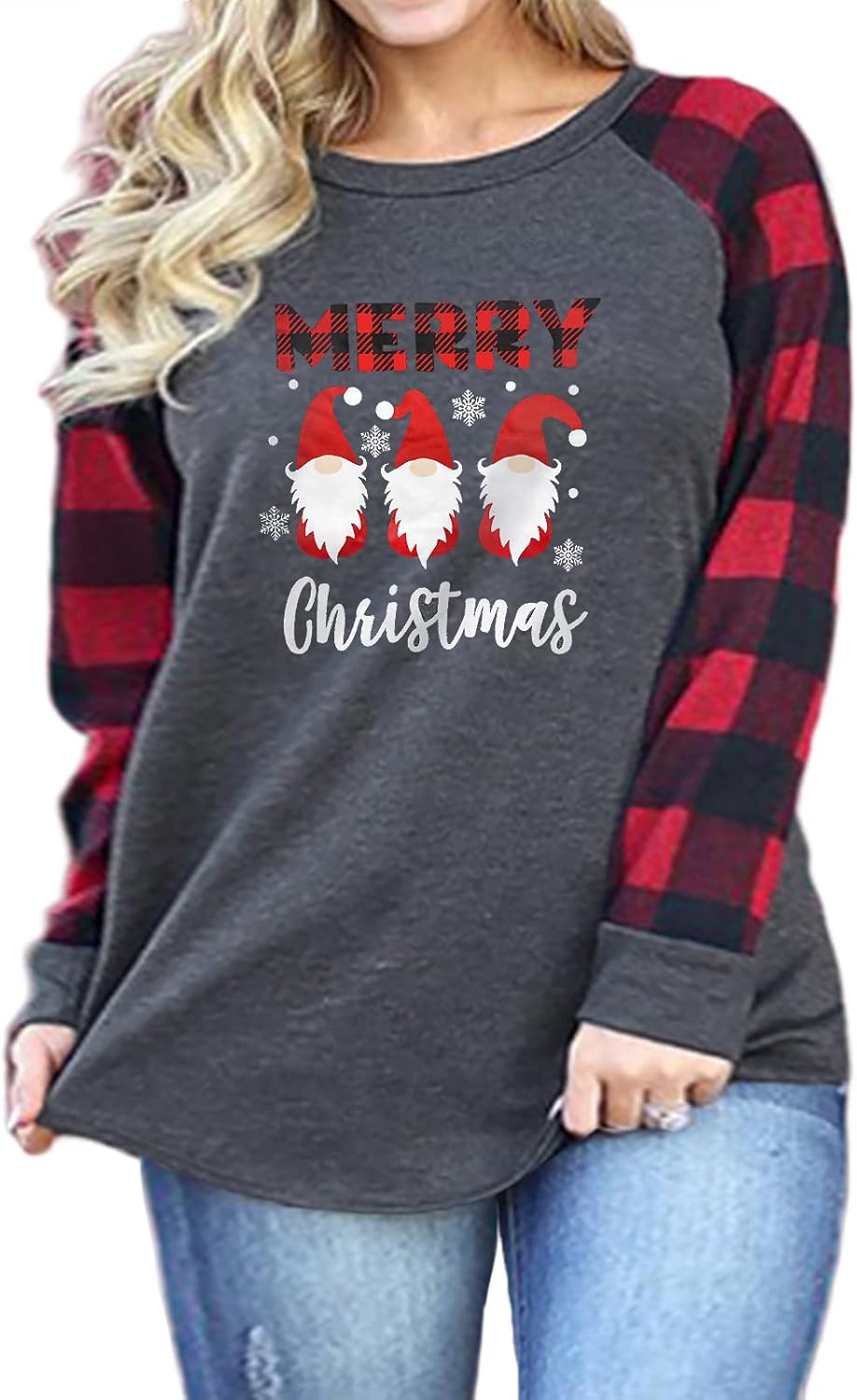 VISLILY Plus-Size-Christmas Shirts for Women Holiday Long Sleeve Tops Raglan Pla...