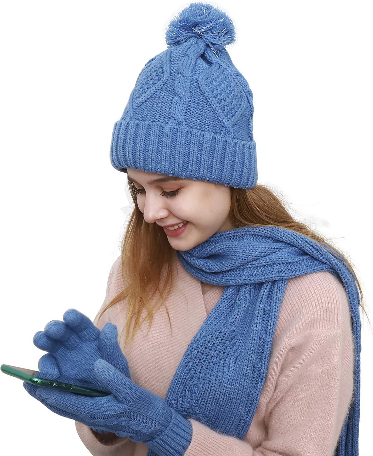 Winter Hat Gloves Scarf Set for Women, Cable Knit Beanie Pom Cap Touch Screen Gl...