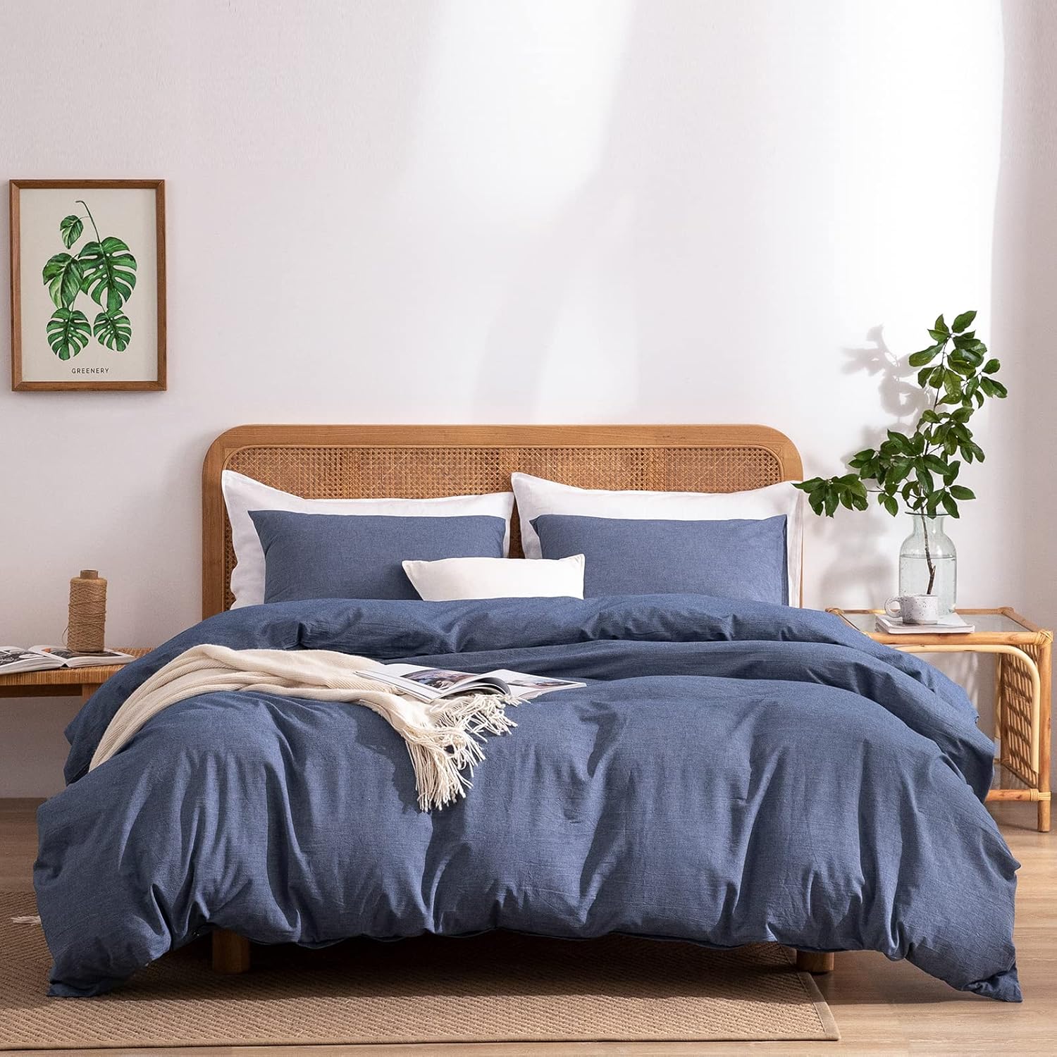 Blue Duvet Cover King, 100% Washed Cotton Linen Like Textured 3 Pieces Blue Bedd...