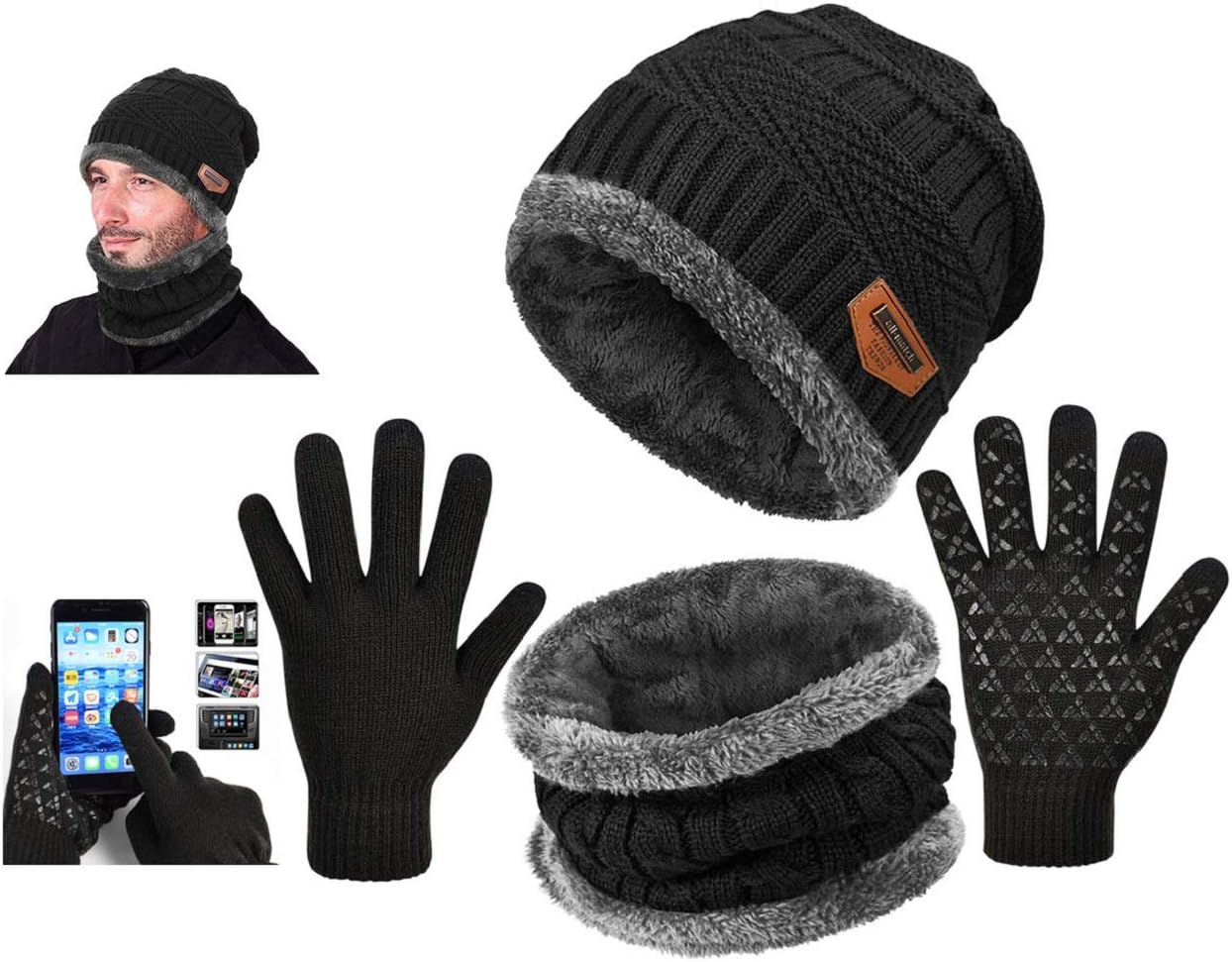 Tuopuda Thermal Knitted Hat and Scarf Gloves Set Chunky Fleece Lining Neck Warme...