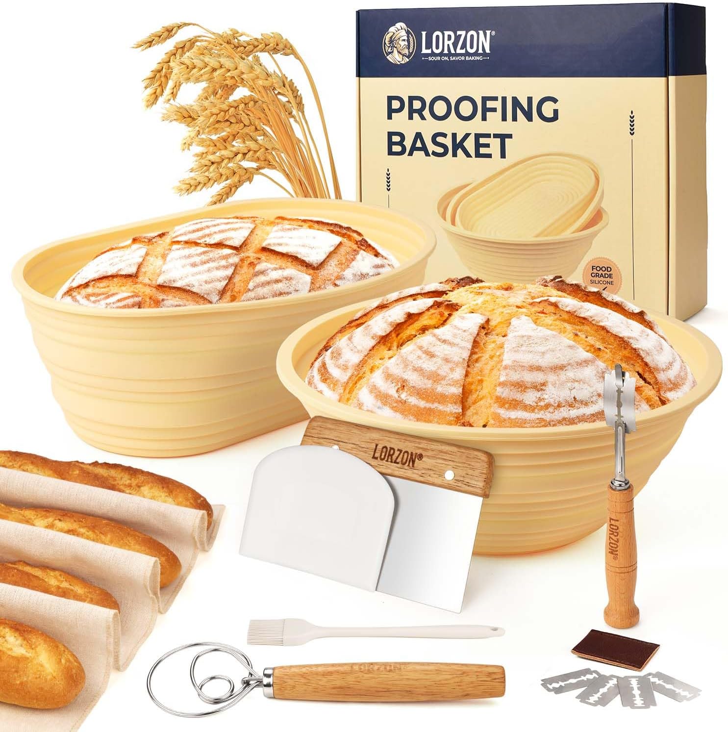 Silicone Banneton Bread Proofing Baskets Set of 2, 9" Round & 10" Oval Foldable...
