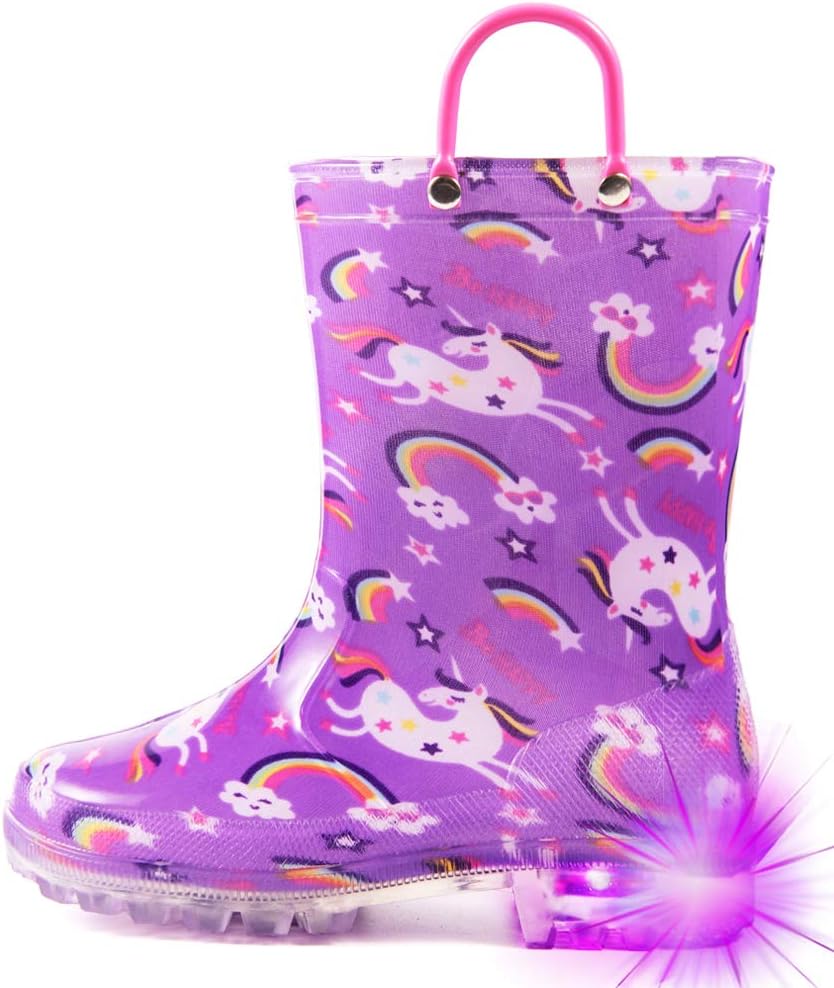 HugRain Light Up Rain Boots for Little Kids 1 Big Kid Purple Unicorn Lights
