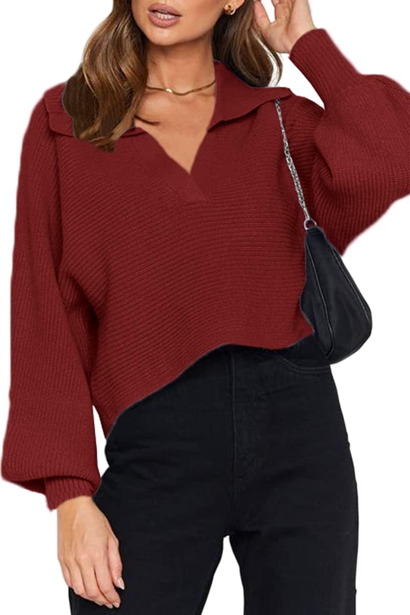 CHYRII Women Overized Puff Long Sleeve V Neck Knitted Polo Pullover Sweater Jump...