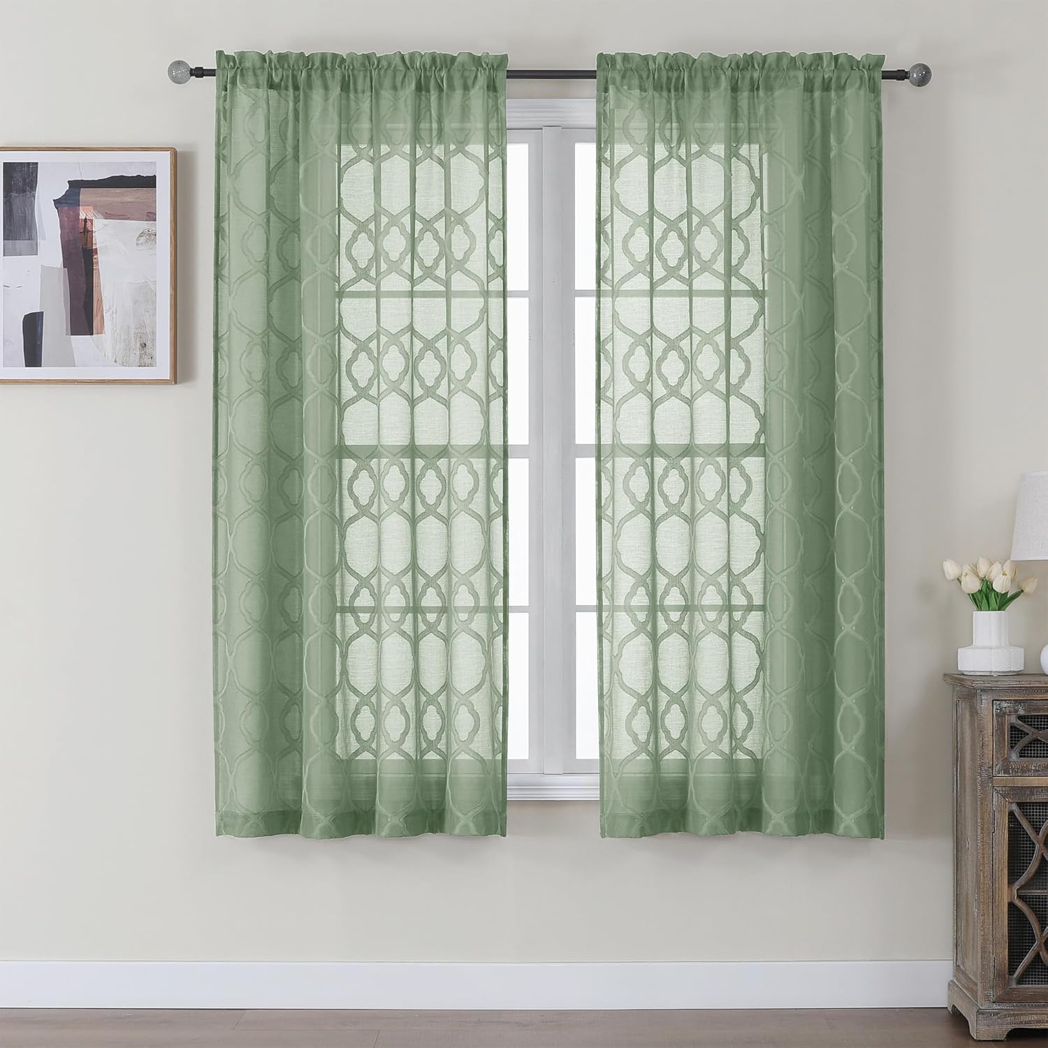 OWENIE Sheer Green Curtains 63 Inch Length 2 Panels Set for Living Room Bedroom,...