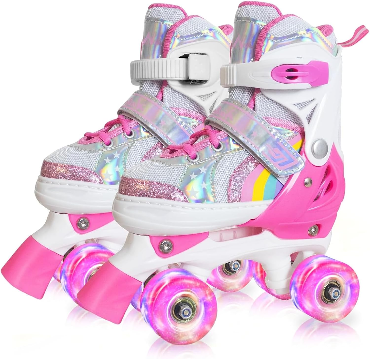 Nattork Girls Roller Skates for Kids Toddler, 4 Sizes Adjustable Rainbow Quad Sk...