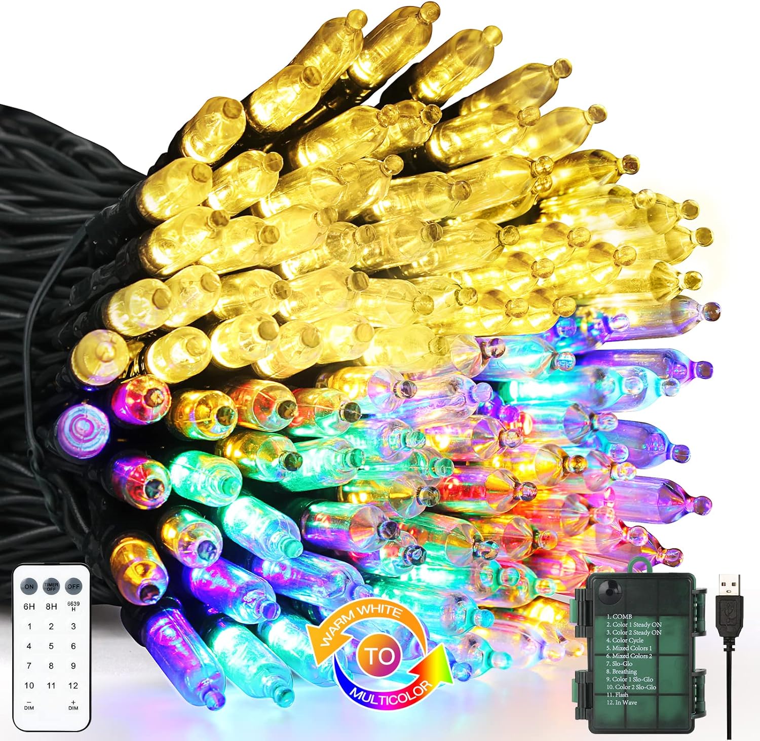 WUJUN Christmas Lights 33ft 100 LED Battery String Lights with Timer&Memory Func...