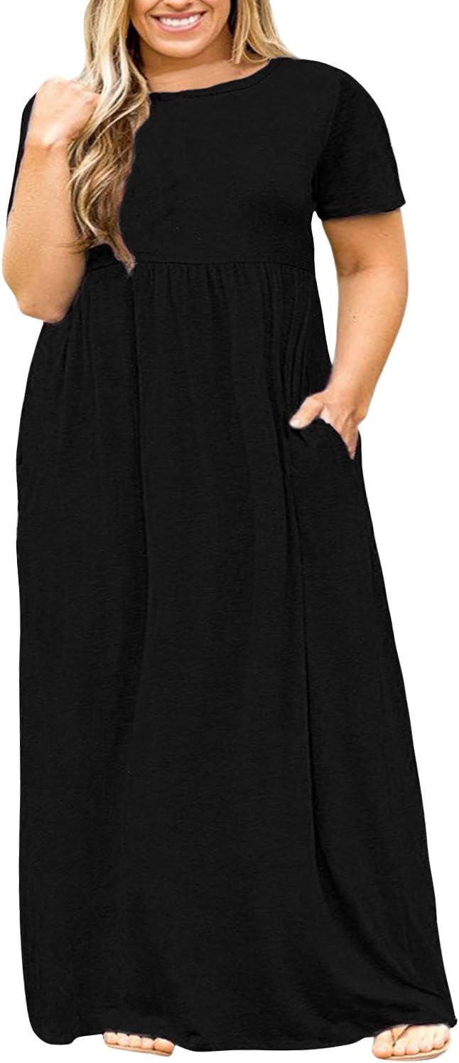 Nemidor Women Short Sleeve Loose Plain Casual Plus Size Long Maxi Dress with Poc...