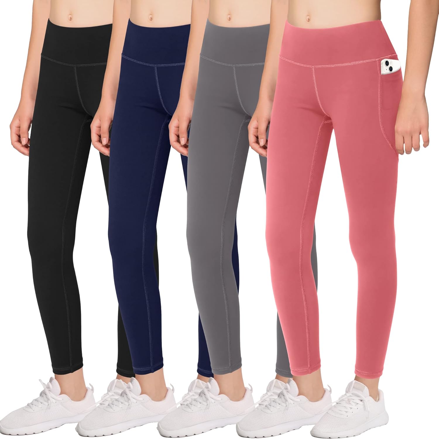 Girls' Athletic Dance Leggings with Side Pockets - Kids Active Tights for Yoga R...