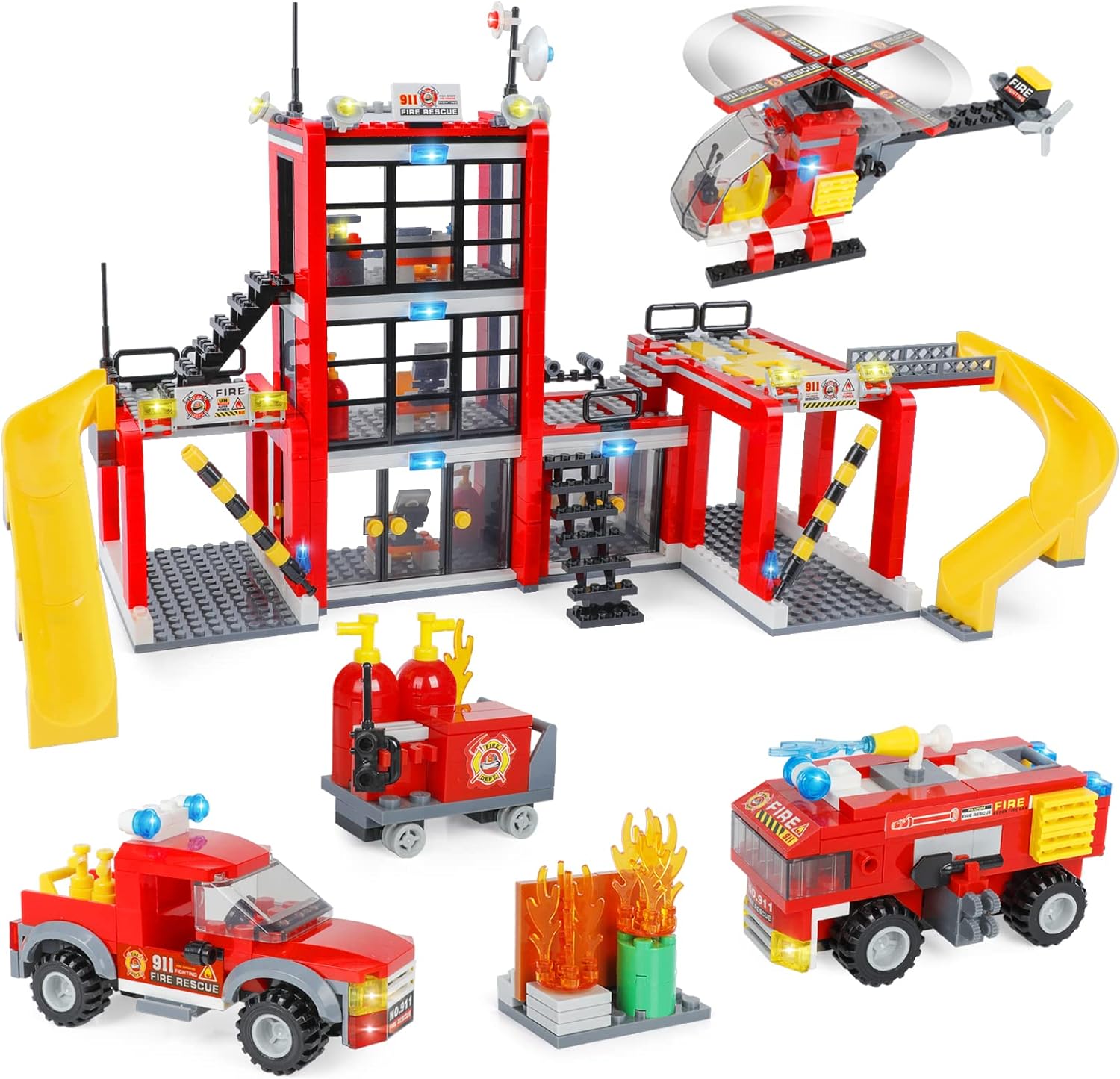WishaLife City Fire Station Toy Building Set, with 2 Fire Truck Toys, Helicopter...