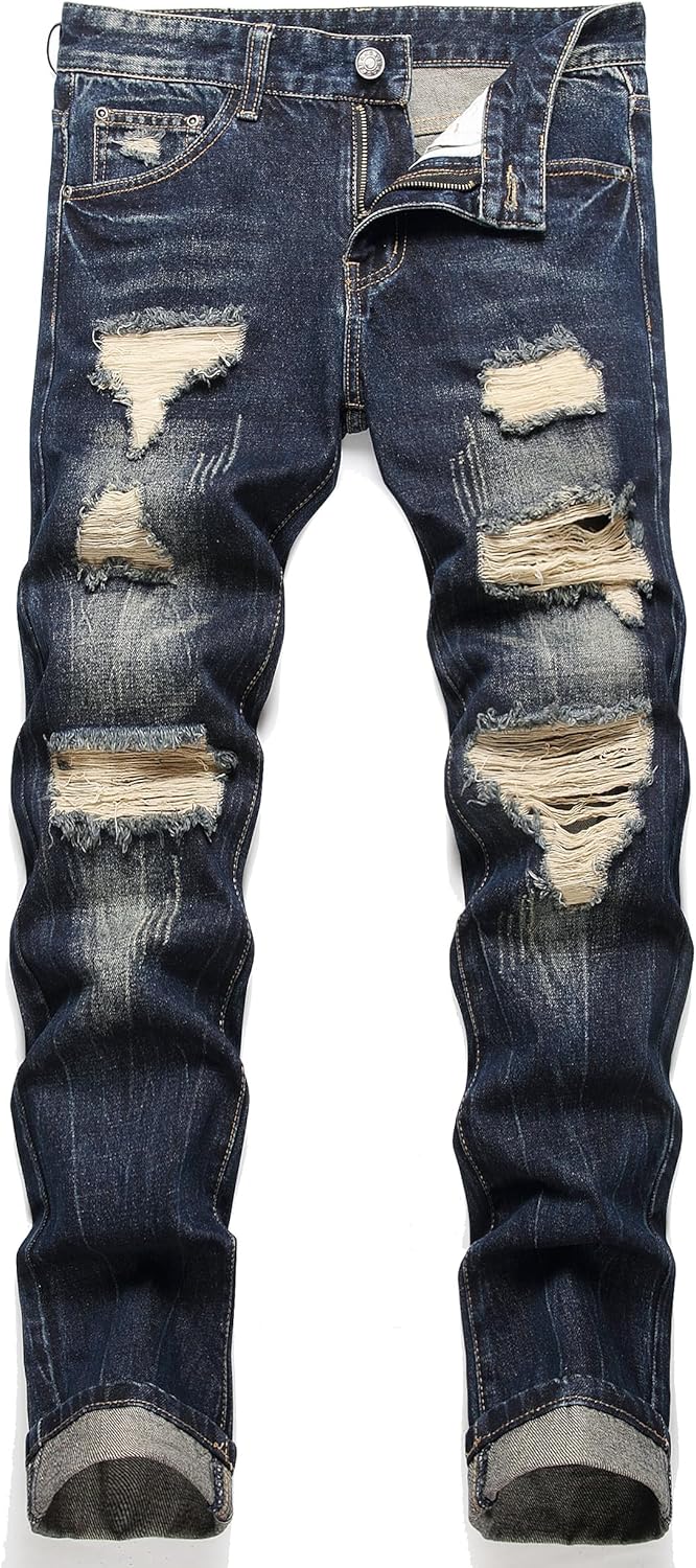 AITITIA Men's Ripped Regular Fit Jeans 28 3002 Blue