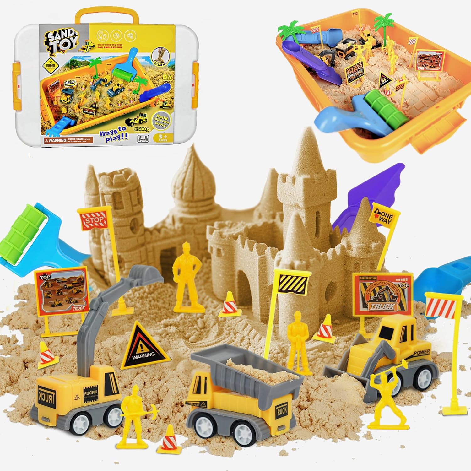 Construction Sand Play Set - Sensory Bin with 3.3lbs Magic Sand, 3 Construction...