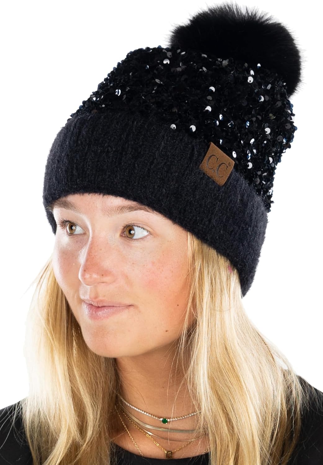 Funky Junque Winter Beanie for Women Sequin Faux Fur Chunky Knit Pom Pom Hat Sku...