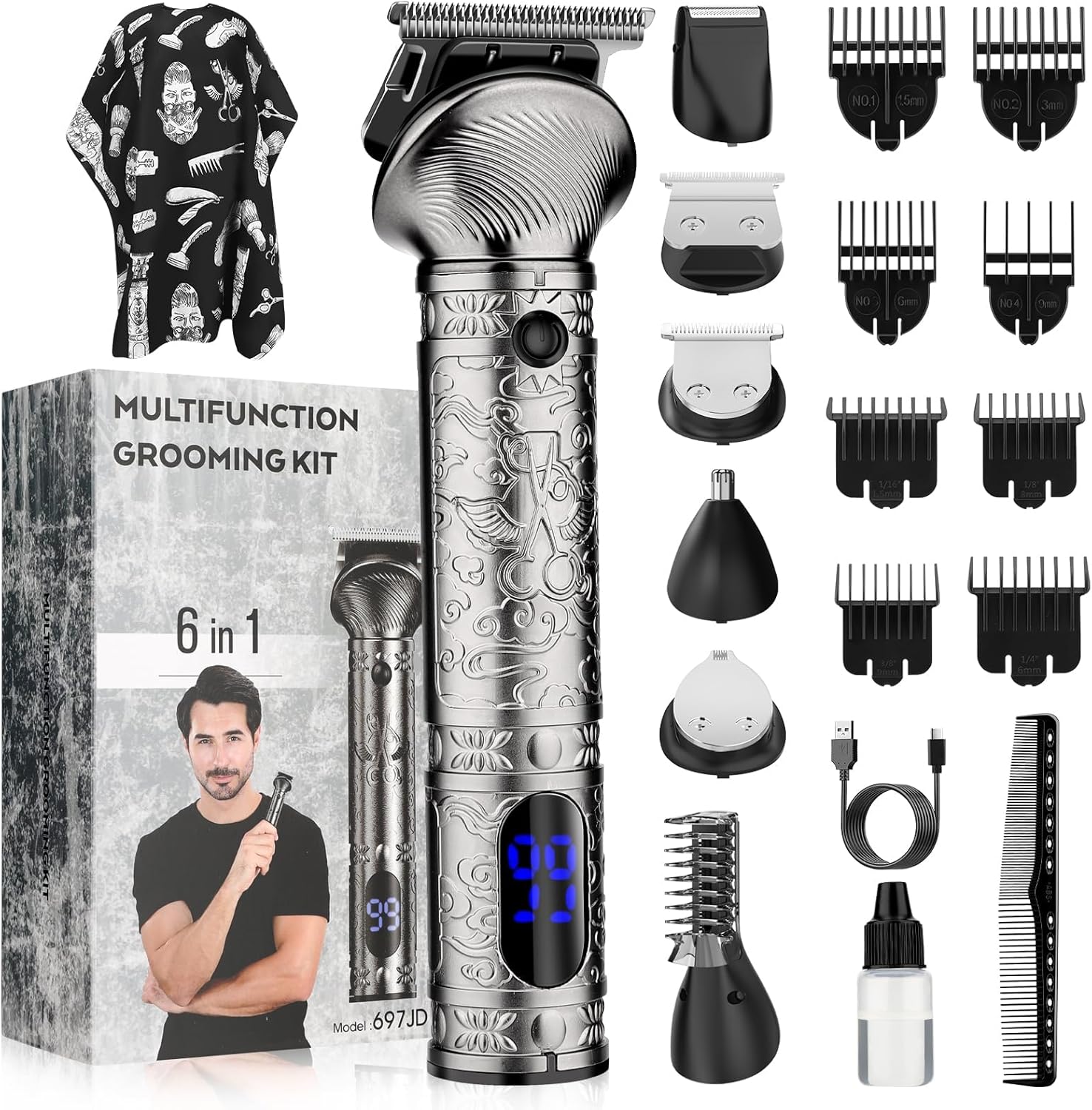 6 in 1 Beard Trimmer for Men - Professional Hair Clipper Trimmer Cordless T-Blad...