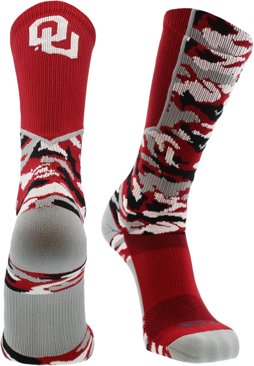 TCK Oklahoma Sooners Socks Woodland Camo Crew Large Crimson/White
