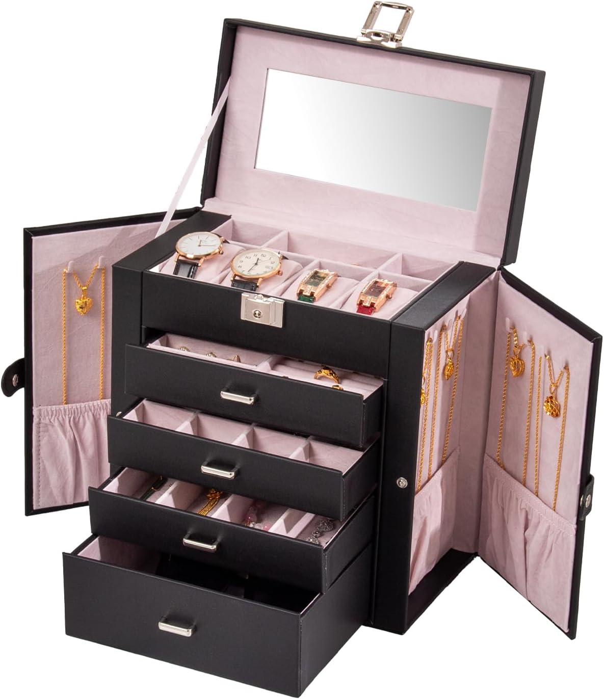 Large Jewelry Box,5-Tier PU Leather Jewelry Organizer with Lock,Multi-functional...