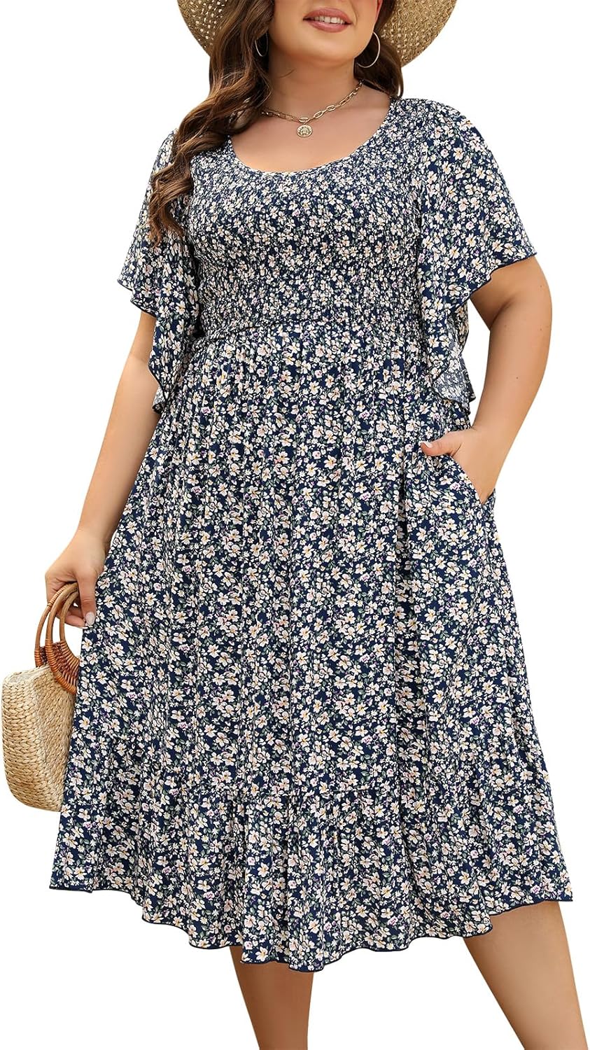 Keluummi Plus Size Wedding Guest Midi Dresses for Curvy Women, Summer Casual Boh...