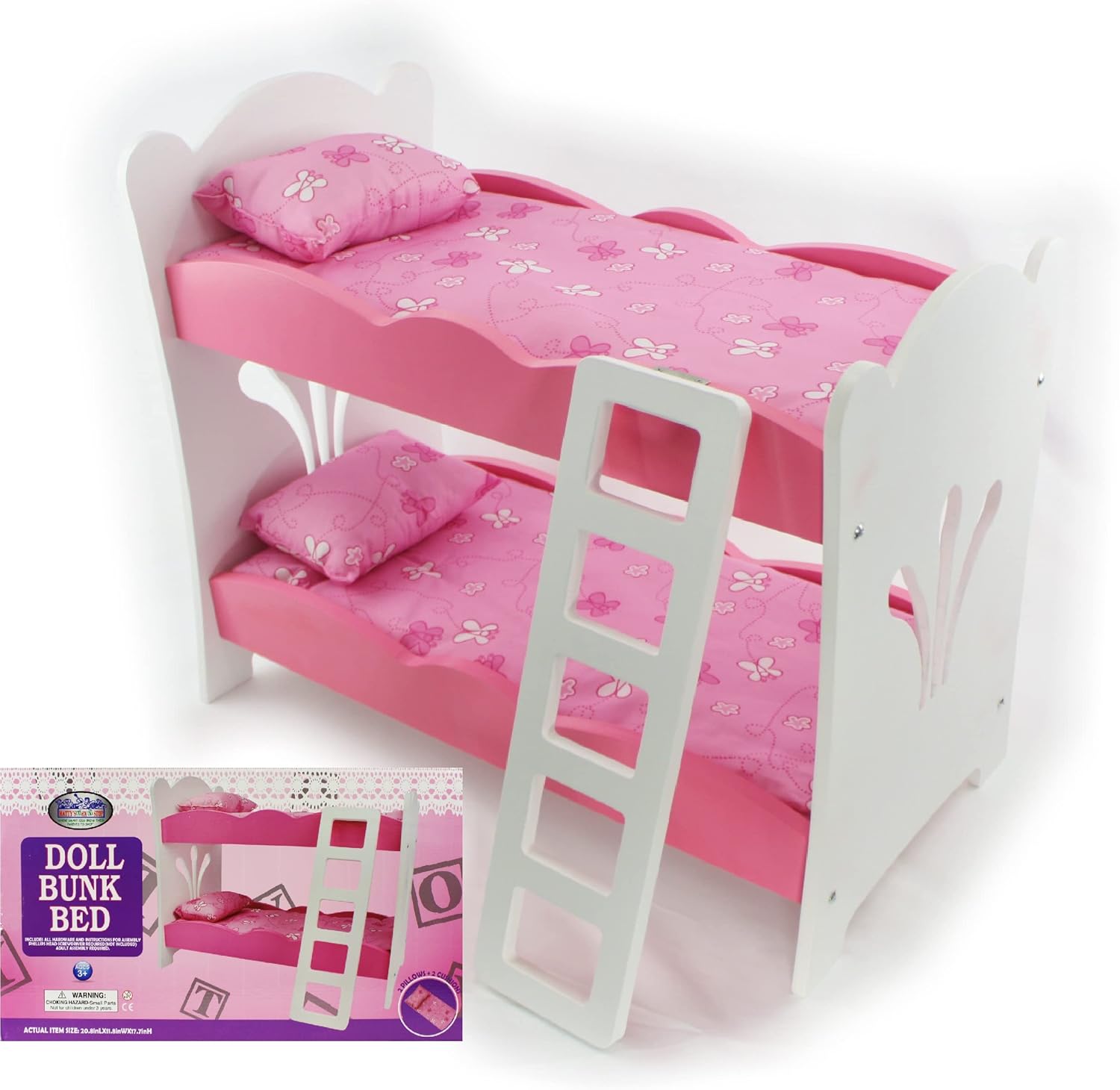 Matty's Toy Stop 18 Inch Doll Furniture Pink/White Wooden Bunk Beds with 2 Pillo...
