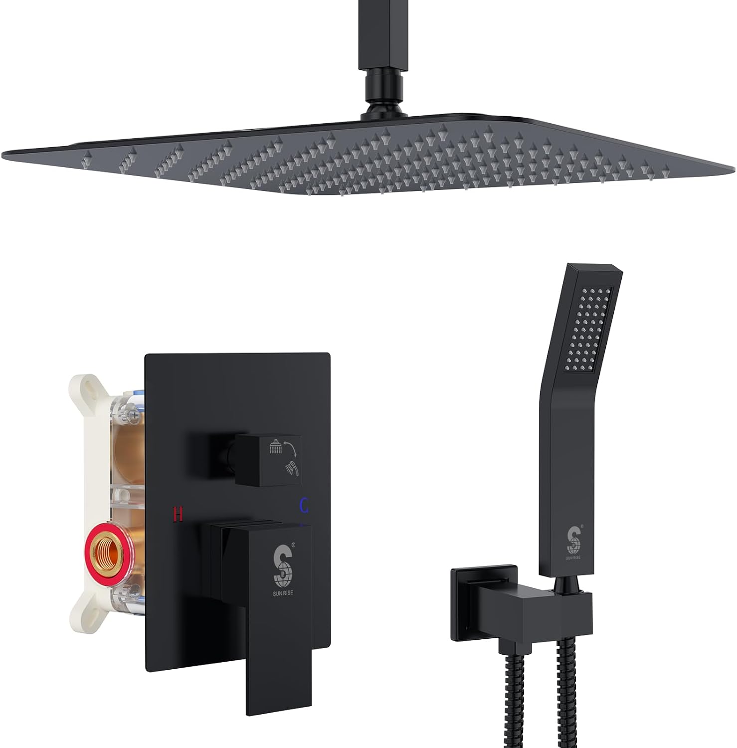 SR SUN RISE 12 Inch Ceiling Mount Matte Black Shower System Bathroom Luxury Rain...