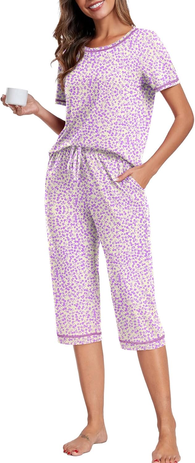 PrinStory Womens Pajama Sets Capri Pajamas for Women Set Soft Pjs Set Sleepwear...
