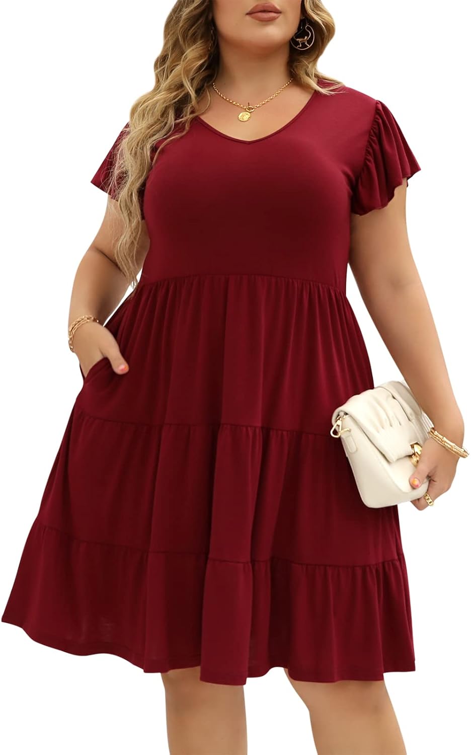 Celkuser Womens Plus Size Casual Summer Curvy Dresses Short Sleeves Tiered A Lin...