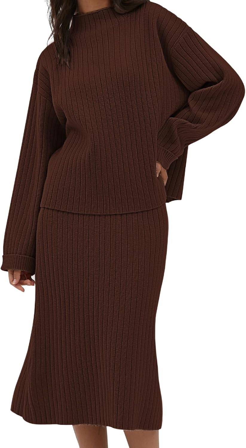 CHYRII Womens Fashion Two Piece Outfits Mock Neck Oversized Sweater Tops Skirt S...
