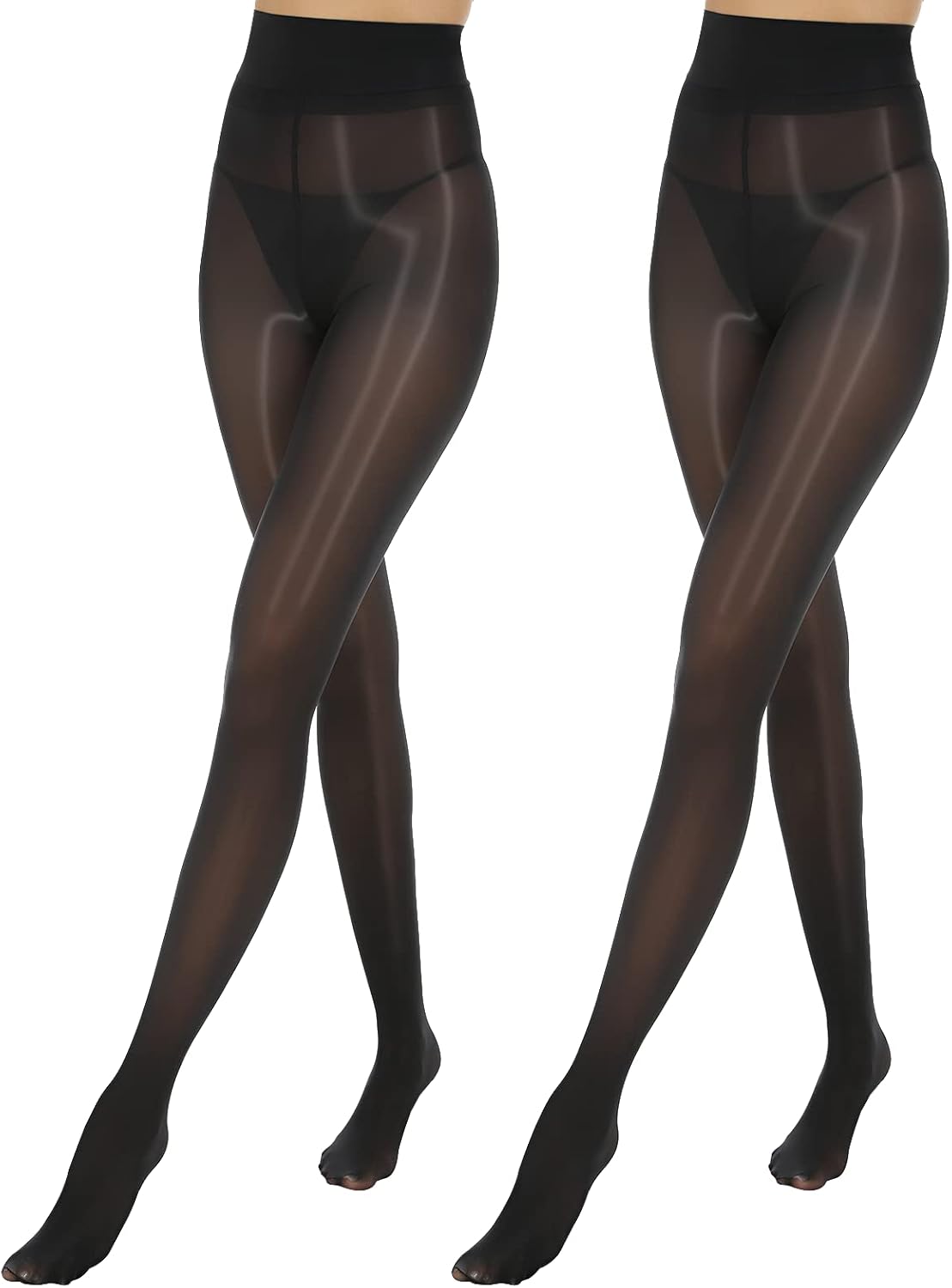 MANZI Women Oily Tights Shiny Gloss Pantyhose 15D 2 Pairs L-XL Black-2 Pairs