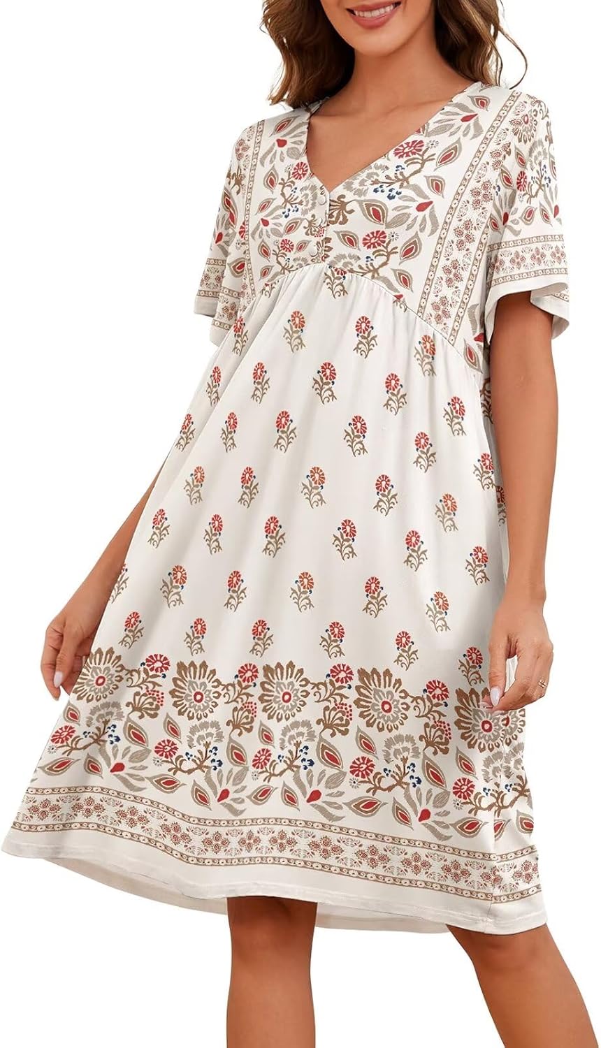 Womens House Dress Floral Print Nightgown with Pockets Mumu Dress S-4XL Apricot...