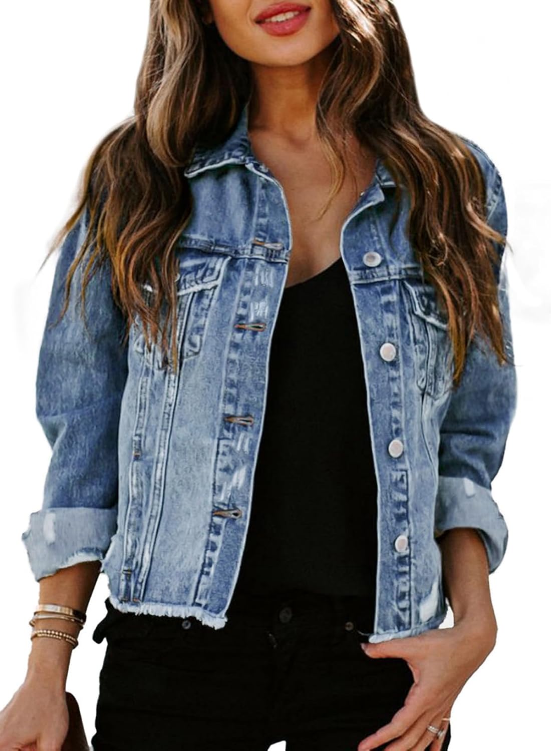 Sidefeel Women's Denim Jacket Long Sleeve Button Distressed Ripped Jean Coat Lar...