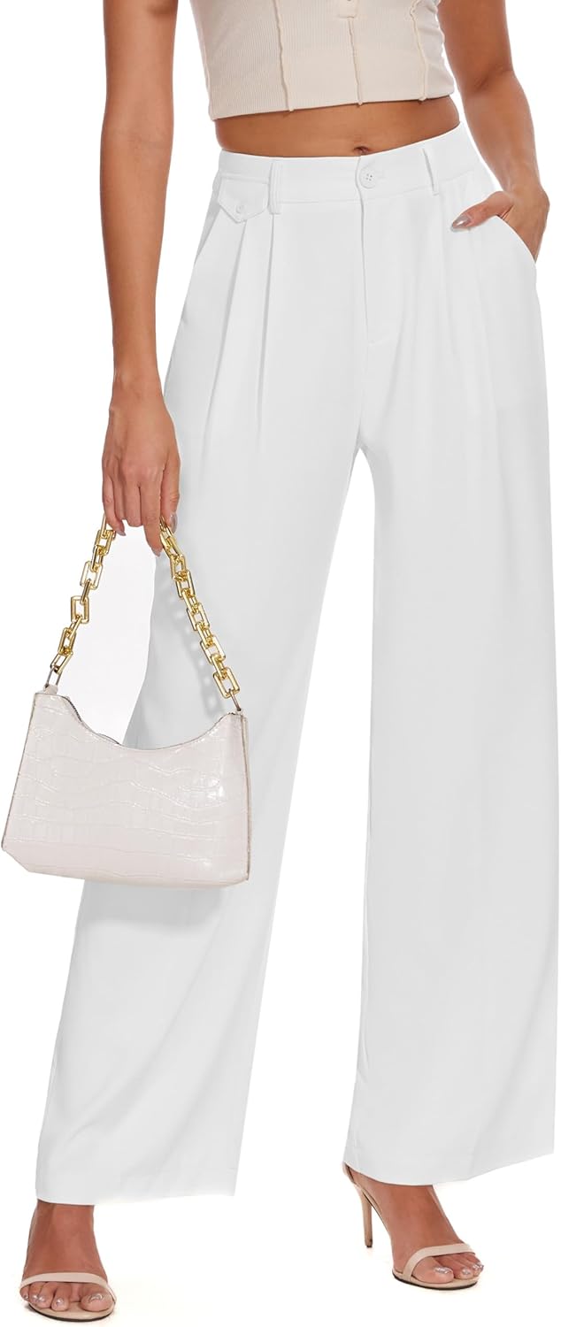 FUNYYZO Women Loose Pleated Front Long Pants Wide Leg Trousers Solid Causal Dres...