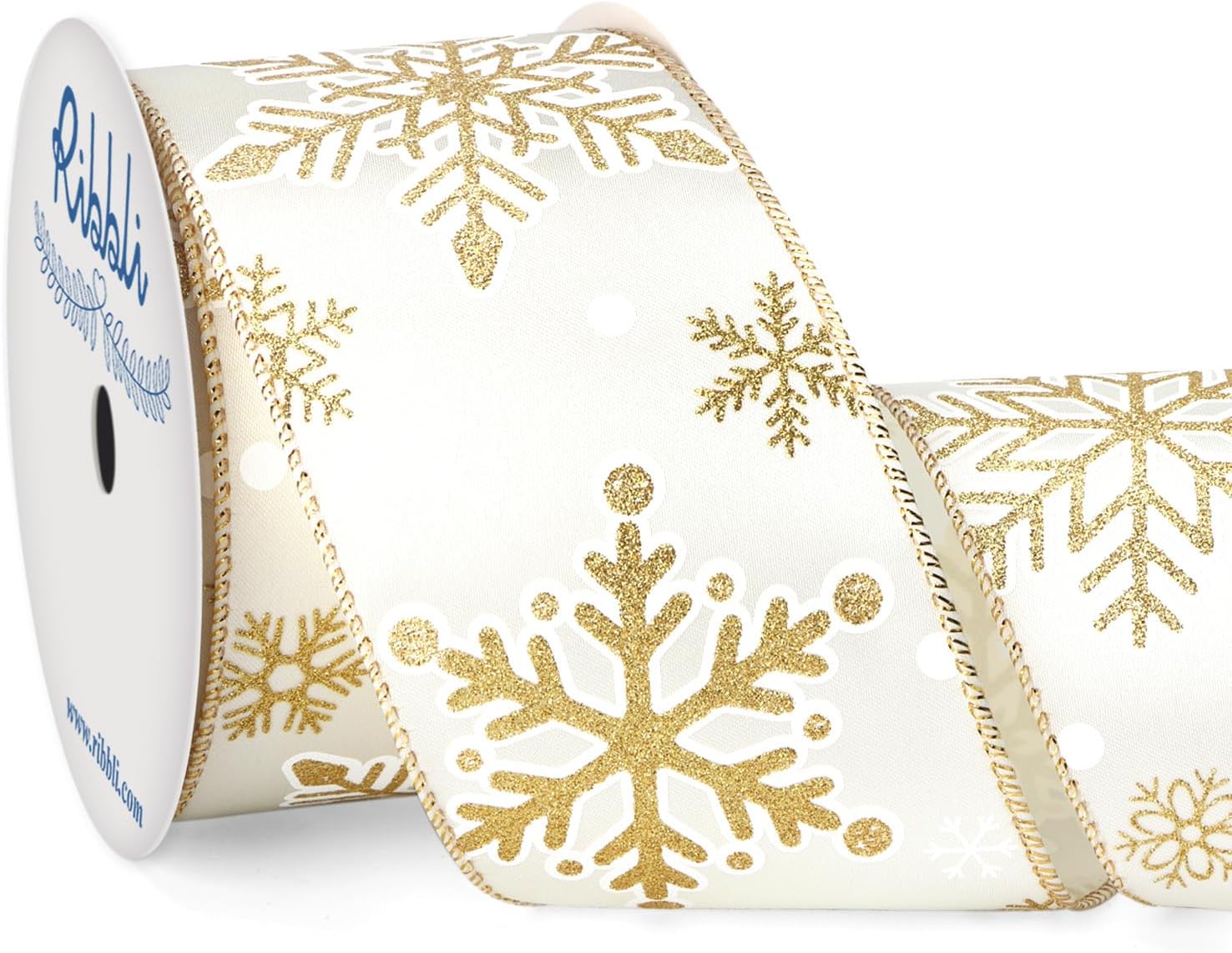 Ribbli Gold Snowflake Wired Ribbon,Ivory Satin with Big Glitter Snowflake Christ...