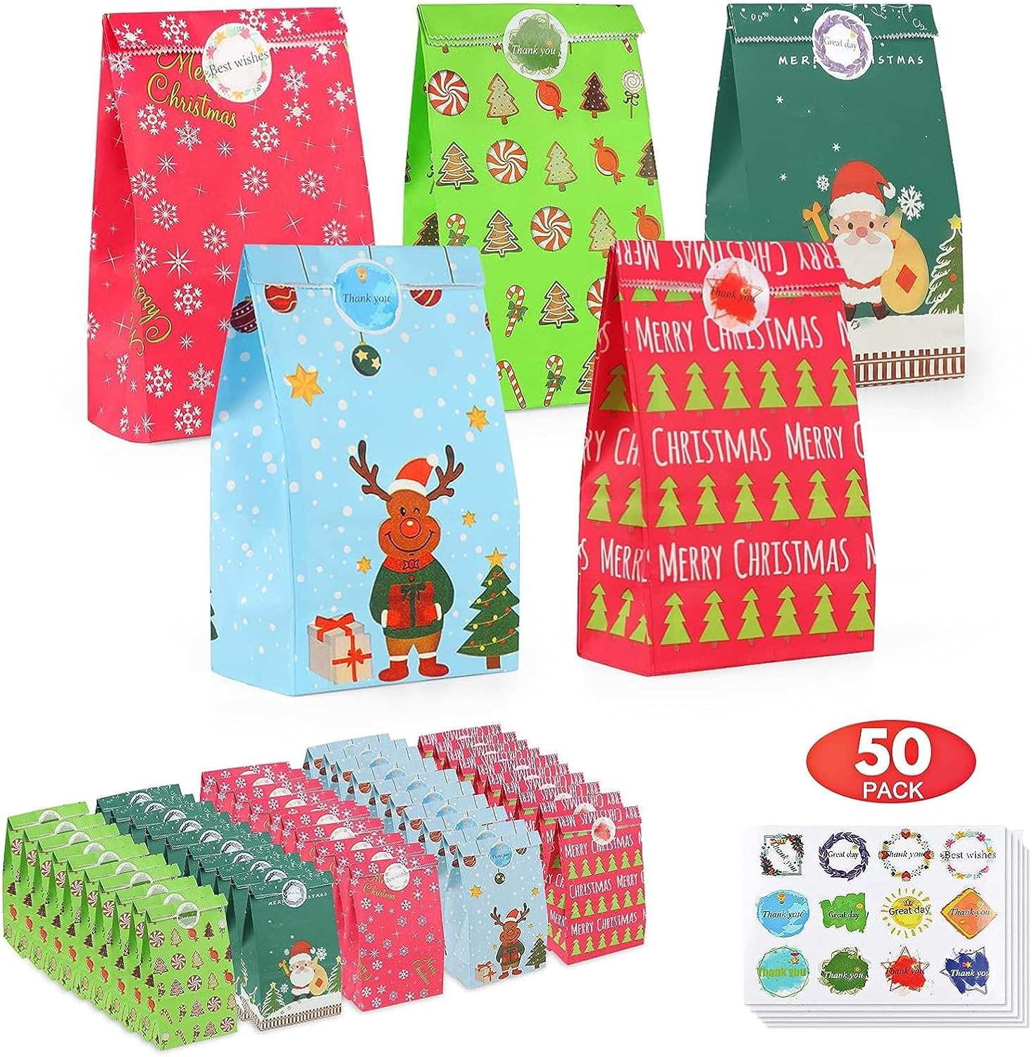 50 Pack Gift Bags Christmas, TOOELMON Kraft Treat Goody Bags Multipack with 60 P...