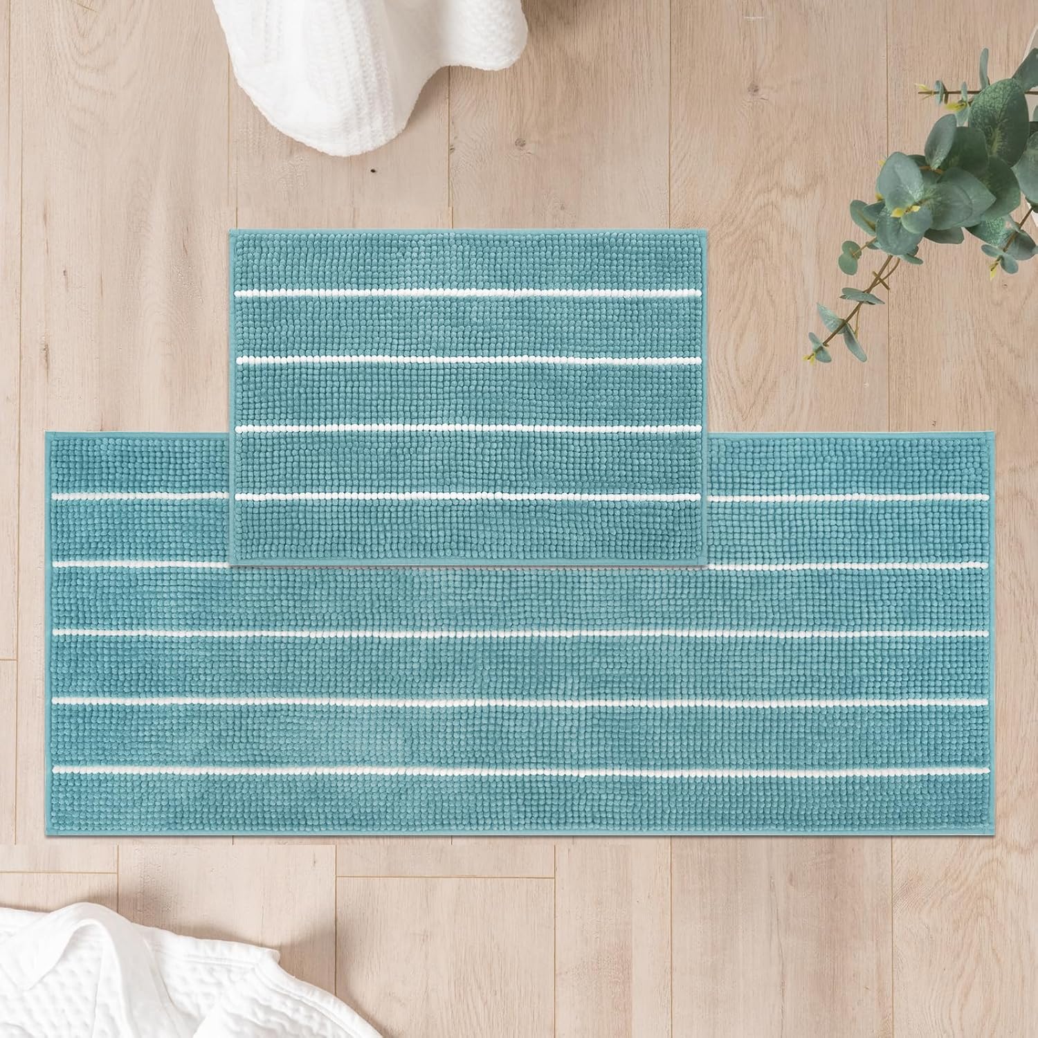 FRESHMINT Stripe Chenille Bathroom Rugs Set 2 Piece 17"x24"+20"x47", Water Absor...