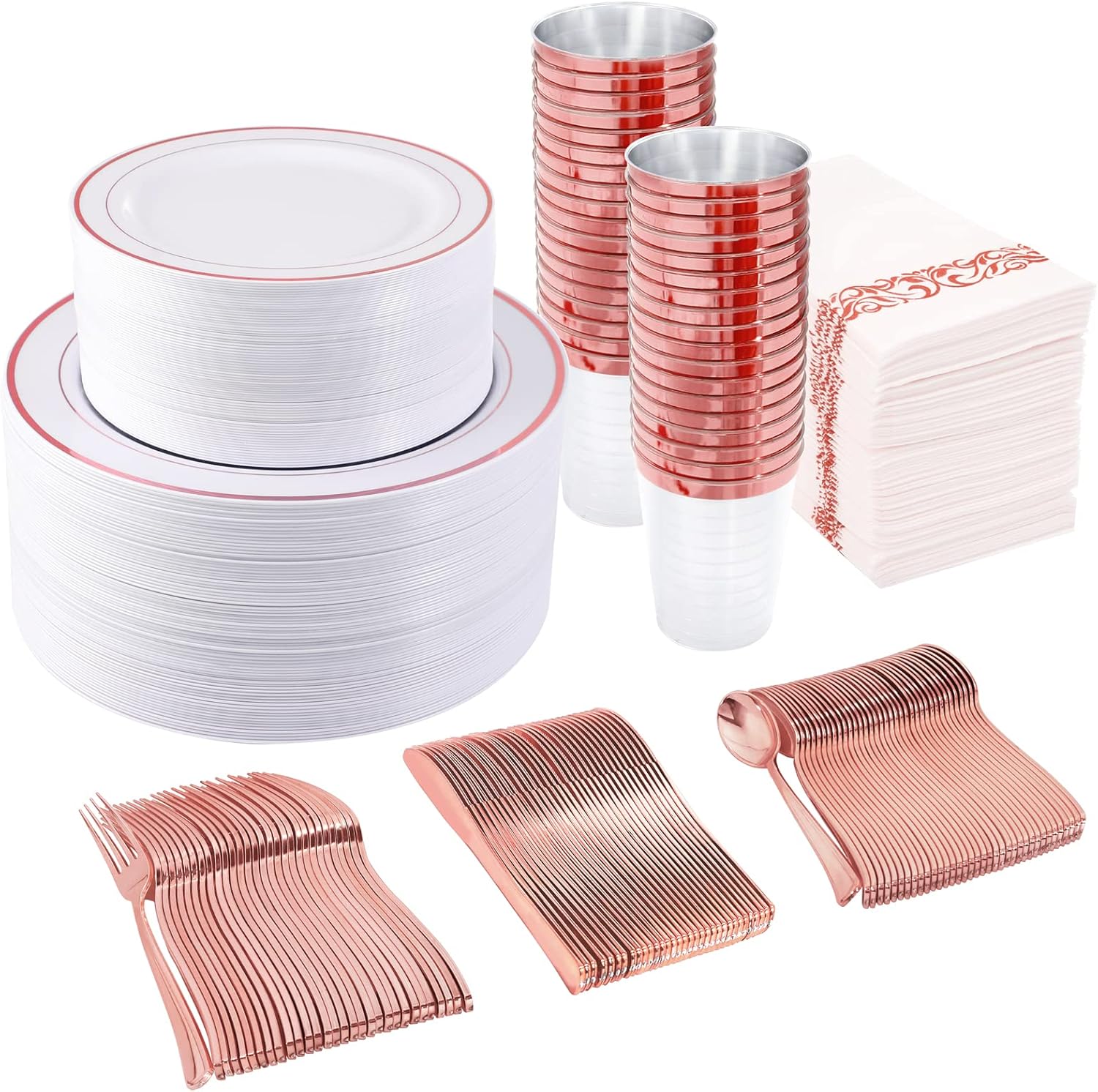 700 PCS Rose Gold Dinnerware Set-200 Rose Gold Plastic Plates-300 Rose Gold Disp...