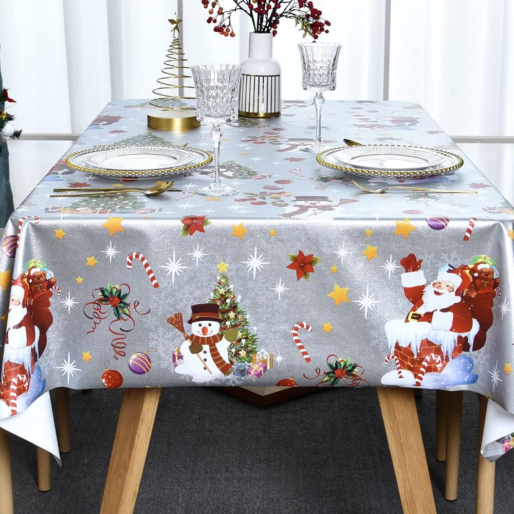 Plenmor Christmas Table Cloth Wipe Clean Christmas Tablecloth Xmas Sliver PVC Pl...