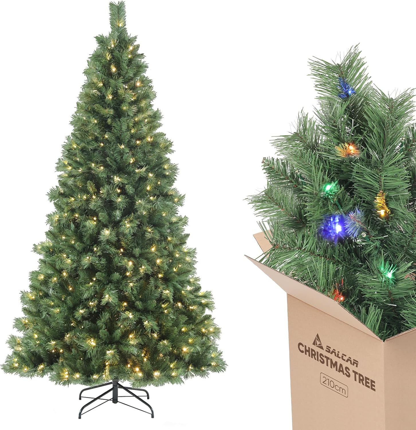 SALCAR Pre Lit Christmas Tree 7ft, 210cm Spruce Pine Xmas Tree with 380 Warm Whi...