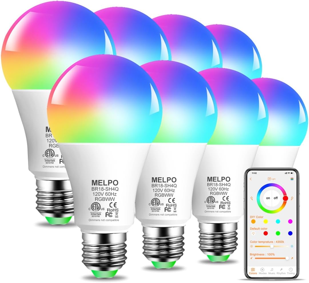 MELPO RGB Light Bulbs 12W(130W Equivalent), 2700K-6000K，A19 E26 Bluetooth Color...