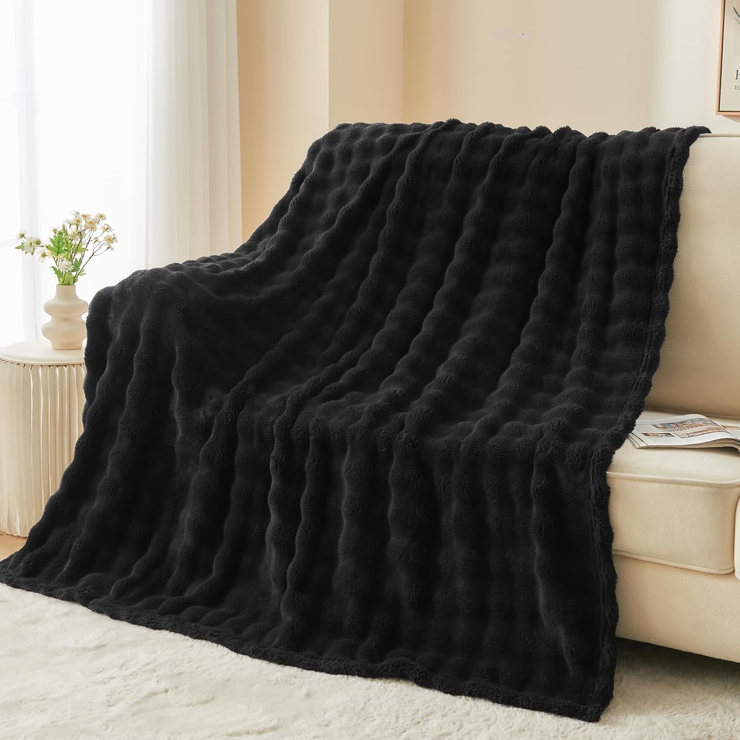 Wajade Fleece Throw Blanket Black Bubble Faux Fur Fluffy Bed Blanket Super Cosy...