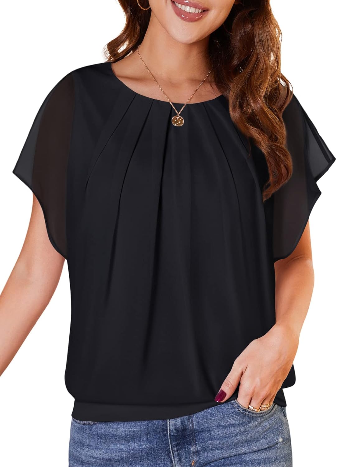 WANGZHI Women's Casual Flouncing Short Sleeve Pleated Front Loose Chiffon Blouse...