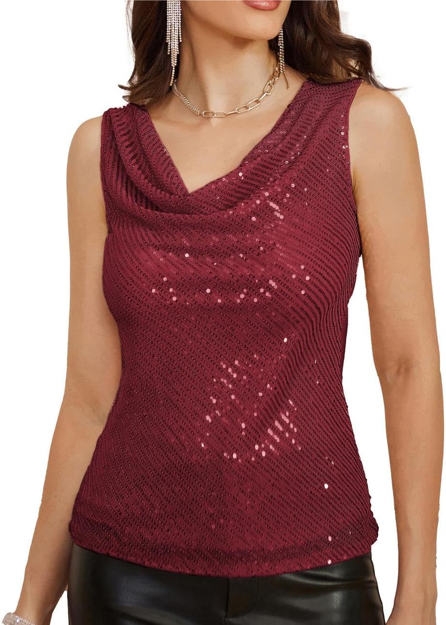 GRACE KARIN Women Sequin Sleeveless Cowl Neck Vest Sparkle Glitter Blouse Top T...