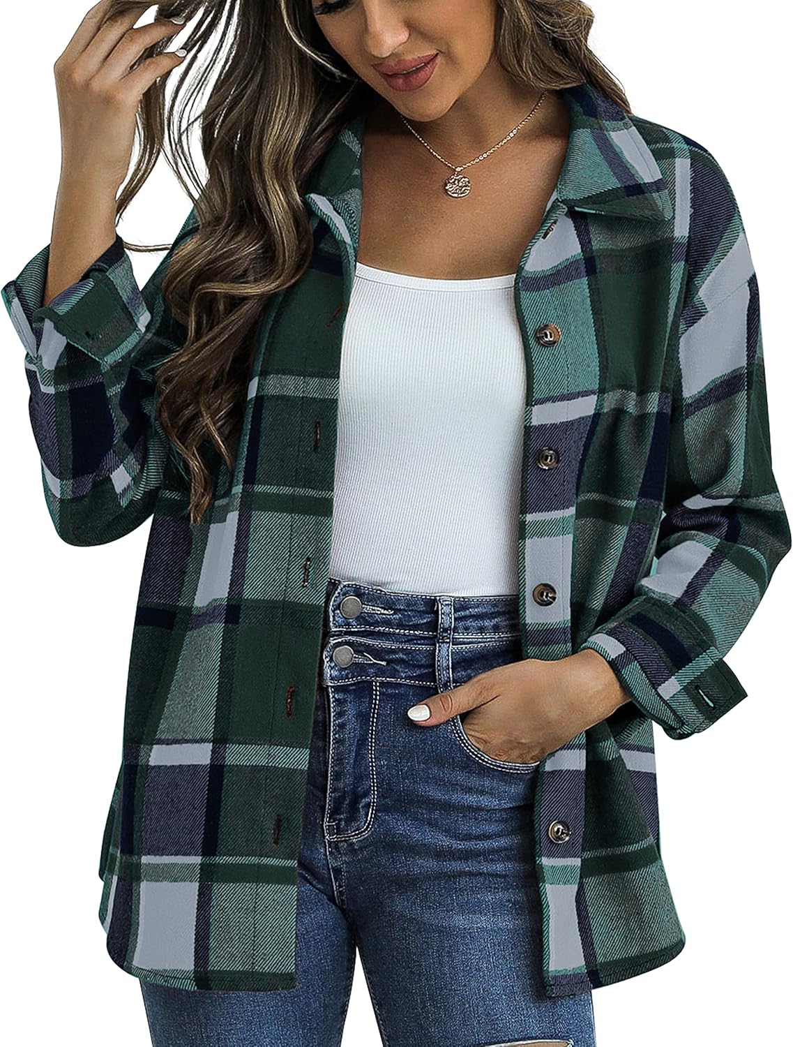 Traleubie Women's Flannel Jacket Plaid Shacket Lapel Button Down Long Sleeve Shi...